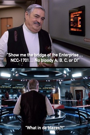 Scotty in “Relics” asks to see the bridge of the Enterprise, “No bloody A, B, C, or D!” — in the second panel, he walks into the Discovery/Strange New Worlds Enterprise bridge and exclaims, ”What in da blazes?!”