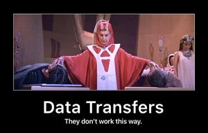 Screenshot from Star Trek III: Vulcan priestess T'Lar performs a double mind meld, with the caption “Data Transfers: They don't work this way.”