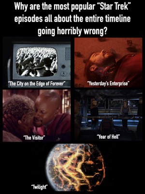 Why are the most popular “Star Trek” episodes all about the entire timeline going horribly wrong? “City on the Edge of Forever“: Nazis win WWII; “Yesterday’s Enterprise”: Riker killed horribly; “The Visitor”: Jake Sisko sacrifies his life; “Year of Hell”: Voyager effectively destroyed; “Twilight”: Earth completely destroyed.