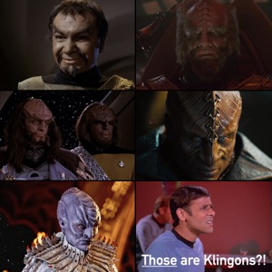 Five screenshots: Kor from the Original Series “Errand of Mercy”, a Klingon captain from The Motion Picture, Gowron and Worf from The Next Generation, a Klingon with gold rings in his ridges from Star Trek Into Darkness, and L'Rell from the first season of Discovery. In the sixth panel, Bashir incredulously asks, “THOSE are Klingons?!”